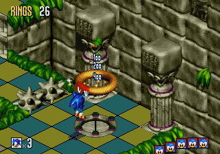 Sonic 3D Blast screenshot: pre-rendered, pixel art, isometric, baked lighting (environment, combat)
