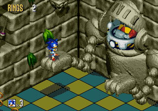 Sonic 3D Blast screenshot: pre-rendered, pixel art, isometric, baked lighting (environment, combat)
