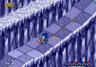 Sonic 3D Blast screenshot: pre-rendered, pixel art, isometric, baked lighting (environment)