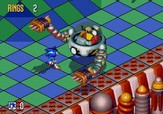 Sonic 3D Blast screenshot: pre-rendered, pixel art, isometric, baked lighting (environment, combat)