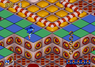 Sonic 3D Blast screenshot: pre-rendered, pixel art, isometric, baked lighting (environment, character)