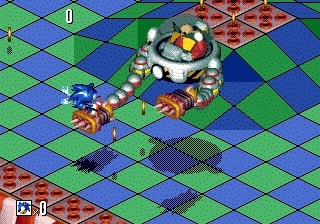 Sonic 3D Blast screenshot: pre-rendered, pixel art, isometric, baked lighting (environment, combat)