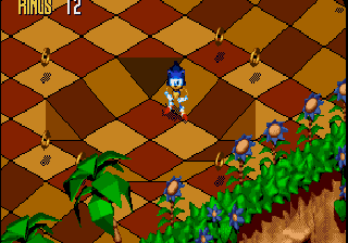 Sonic 3D Blast screenshot: pre-rendered, pixel art, isometric, baked lighting (environment, character)