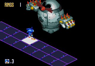 Sonic 3D Blast screenshot: pre-rendered, pixel art, isometric, baked lighting (environment, combat)