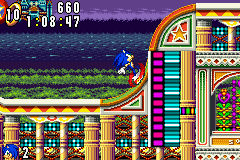 Sonic Advance screenshot: pixel art, side-scrolling, colored outlines, dithered shading (environment, character)