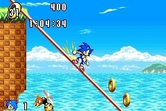 Sonic Advance screenshot: pixel art, side-scrolling, colored outlines, dithered shading (environment, character, combat)