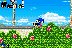 Sonic Advance screenshot: pixel art, side-scrolling, colored outlines, dithered shading (environment, character, combat)