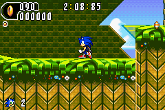 Sonic Advance 2 screenshot: pixel art, side-scrolling, colored outlines, dithered shading (environment, character)