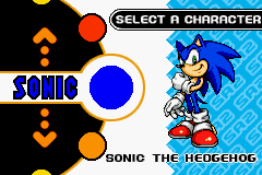 Sonic Advance 2 screenshot: pixel art, side-scrolling, colored outlines, dithered shading (ui / menu, character)