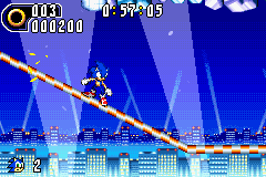 Sonic Advance 2 screenshot: pixel art, side-scrolling, colored outlines, dithered shading (environment, character)