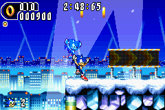 Sonic Advance 2 screenshot: pixel art, side-scrolling, colored outlines, dithered shading (environment, character)