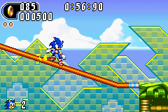 Sonic Advance 2 screenshot: pixel art, side-scrolling, colored outlines, dithered shading (environment, character)