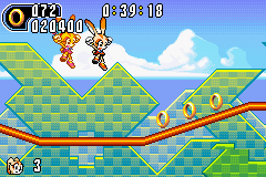 Sonic Advance 2 screenshot: pixel art, side-scrolling, colored outlines, dithered shading (environment, character)