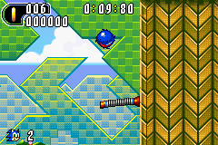 Sonic Advance 2 screenshot: pixel art, side-scrolling, colored outlines, dithered shading (environment, character)