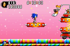 Sonic Advance 2 screenshot: pixel art, side-scrolling, colored outlines, dithered shading (environment, character, combat)