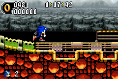 Sonic Advance 2 screenshot: pixel art, side-scrolling, colored outlines, dithered shading (environment, character)