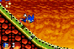 Sonic Advance 2 screenshot: pixel art, side-scrolling, colored outlines, dithered shading (environment, character)