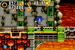 Sonic Advance 2 screenshot: pixel art, side-scrolling, colored outlines, dithered shading (environment, character)