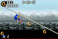 Sonic Advance 2 screenshot: pixel art, side-scrolling, colored outlines, dithered shading (environment, character)
