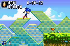 Sonic Advance 2 screenshot: pixel art, side-scrolling, colored outlines, dithered shading (environment, character)