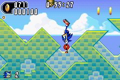Sonic Advance 2 screenshot: pixel art, side-scrolling, colored outlines, dithered shading (environment, character)