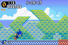 Sonic Advance 2 screenshot: pixel art, side-scrolling, colored outlines, dithered shading (environment, character)
