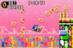 Sonic Advance 2 screenshot: pixel art, side-scrolling, colored outlines, dithered shading (environment, character)