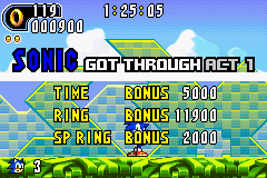 Sonic Advance 2 screenshot: pixel art, side-scrolling, colored outlines, dithered shading (ui / menu, environment)