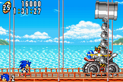 Sonic Advance screenshot: pixel art, side-scrolling, colored outlines, dithered shading (environment, character, combat)