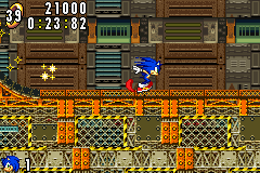 Sonic Advance screenshot: pixel art, side-scrolling, colored outlines, dithered shading (environment, character)