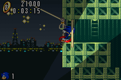 Sonic Advance screenshot: pixel art, side-scrolling, colored outlines, dithered shading (environment, character)