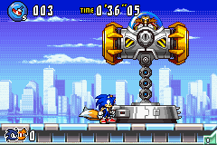 Sonic Advance 3 screenshot: pixel art, side-scrolling, black outlines, dithered shading (environment, character, combat)