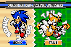 Sonic Advance 3 screenshot: pixel art, side-scrolling, black outlines, dithered shading (ui / menu, character)