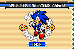 Sonic Advance 3 screenshot: pixel art, side-scrolling, black outlines, dithered shading (ui / menu, character)