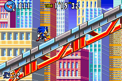 Sonic Advance 3 screenshot: pixel art, side-scrolling, black outlines, dithered shading (environment, character)