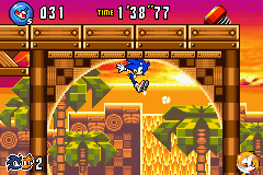 Sonic Advance 3 screenshot: pixel art, side-scrolling, black outlines, dithered shading (environment, character)