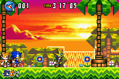 Sonic Advance 3 screenshot: pixel art, side-scrolling, black outlines, dithered shading (environment, character)