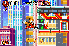 Sonic Advance 3 screenshot: pixel art, side-scrolling, black outlines, dithered shading (environment, character)