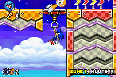 Sonic Advance 3 screenshot: pixel art, side-scrolling, black outlines, dithered shading (environment, character)
