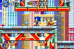 Sonic Advance 3 screenshot: pixel art, side-scrolling, black outlines, dithered shading (environment, character)