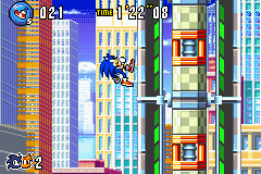Sonic Advance 3 screenshot: pixel art, side-scrolling, black outlines, dithered shading (environment, character)