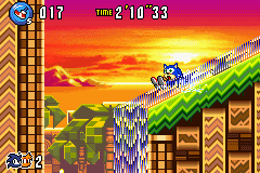 Sonic Advance 3 screenshot: pixel art, side-scrolling, black outlines, dithered shading (environment, character)