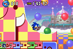 Sonic Advance 3 screenshot: pixel art, side-scrolling, black outlines, dithered shading (environment, character)