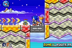 Sonic Advance 3 screenshot: pixel art, side-scrolling, black outlines, dithered shading (environment, character)