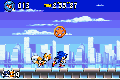 Sonic Advance 3 screenshot: pixel art, side-scrolling, black outlines, dithered shading (environment, character)