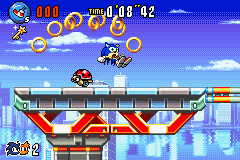 Sonic Advance 3 screenshot: pixel art, side-scrolling, black outlines, dithered shading (environment, combat)