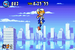 Sonic Advance 3 screenshot: pixel art, side-scrolling, black outlines, dithered shading (environment, character)