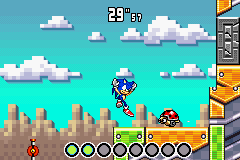 Sonic Advance 3 screenshot: pixel art, side-scrolling, black outlines, dithered shading (environment, character, combat)