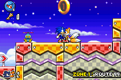 Sonic Advance 3 screenshot: pixel art, side-scrolling, black outlines, dithered shading (environment, character)