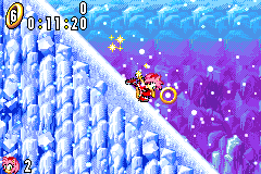 Sonic Advance screenshot: pixel art, side-scrolling, colored outlines, dithered shading (environment, character, combat)